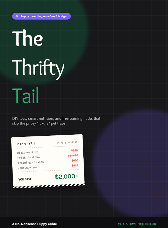 Promotional graphic for 'The Thrifty Tail' with a budget breakdown for pet ownership costs.